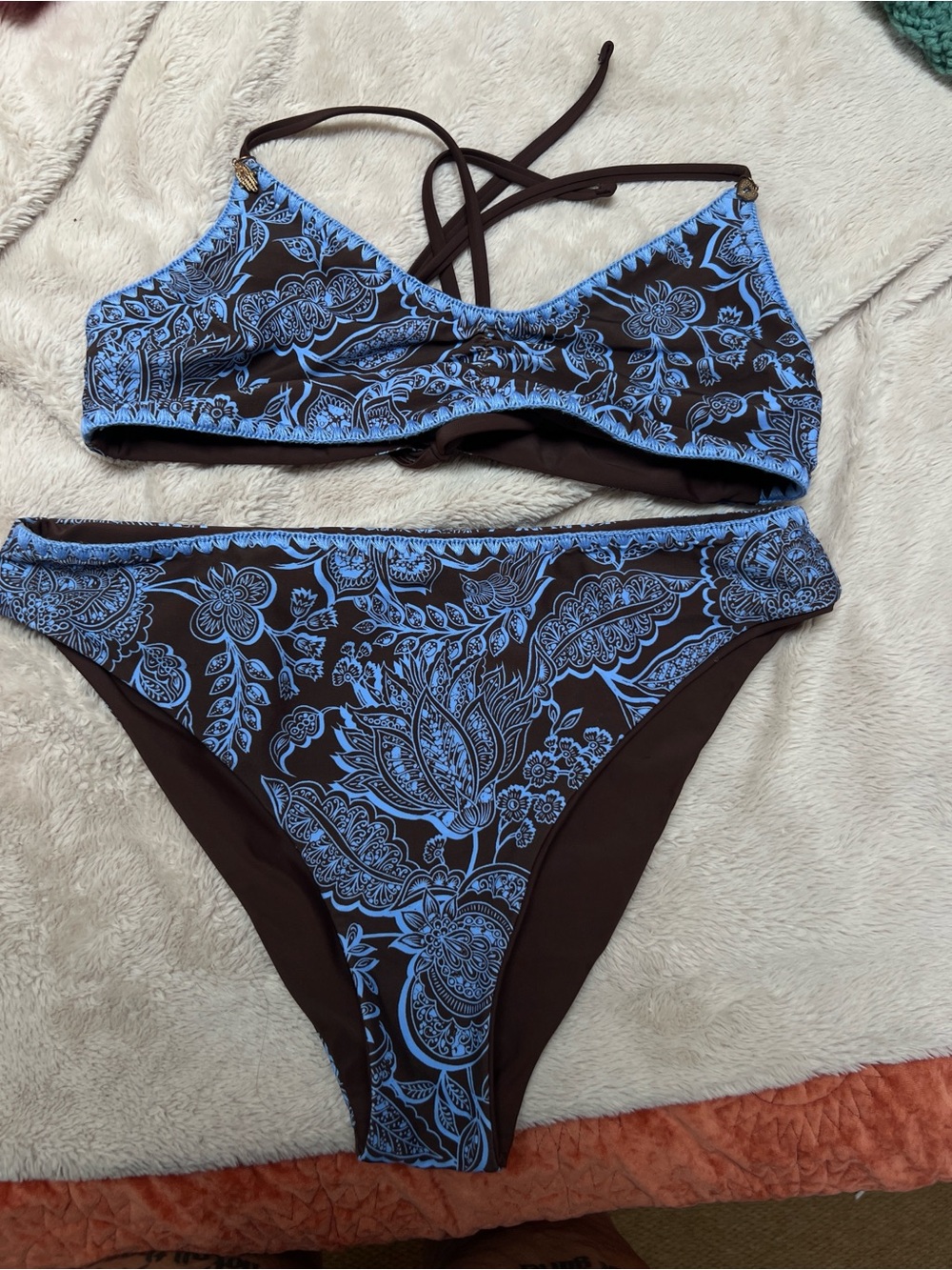 Cupshe Brown Reversible Bikini with Light Blue Paisley Floral